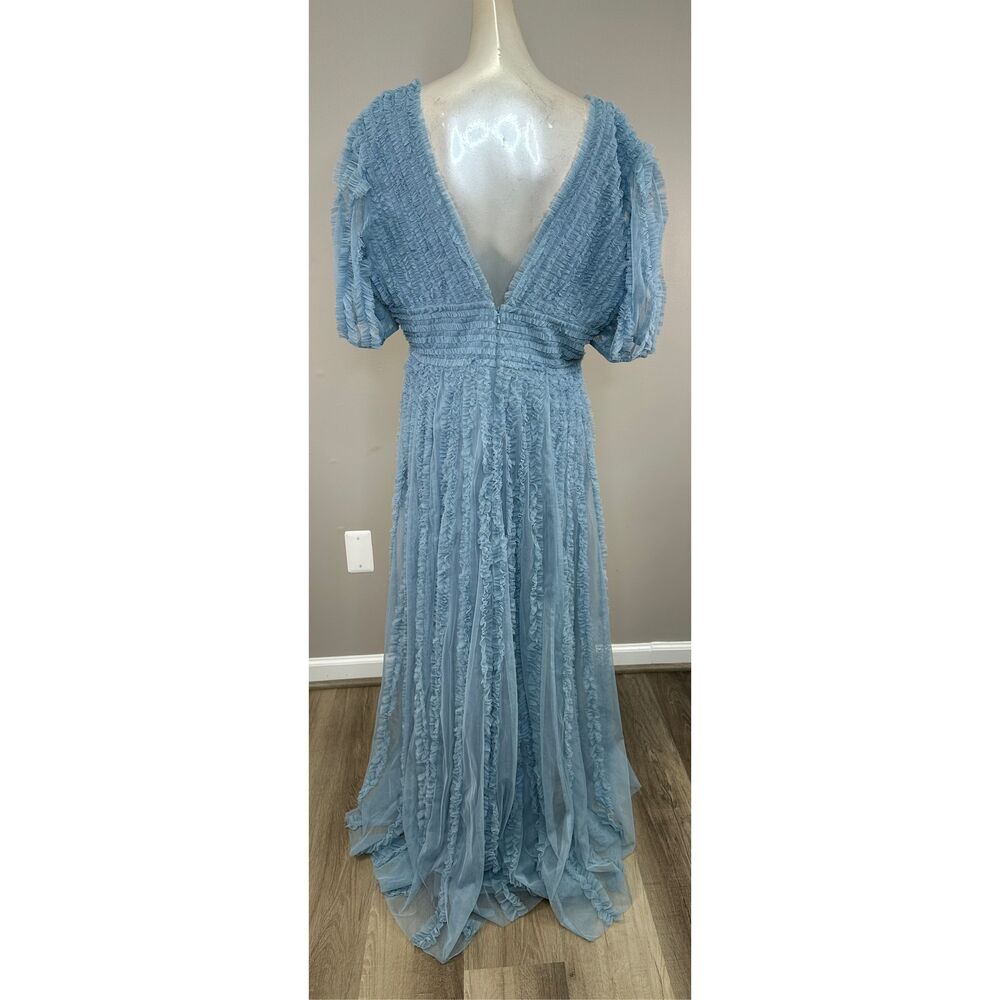 MAC DUGGAL Blue V Neck Puff Sleeve Ruffle Tiered A Line Gown Size 10 $598 - Picture 7 of 9